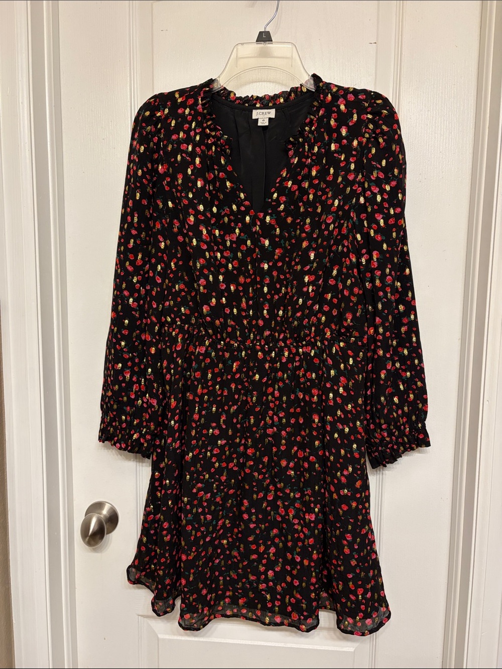J. Crew Black Floral Metallic Ruffle Dress